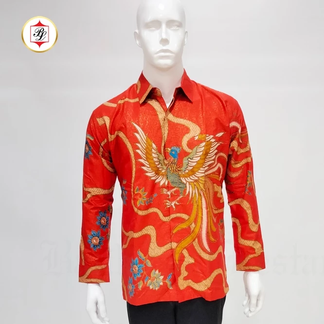 Batik Bali Lestari Batik Pria Lengan Panjang Katun Prada Merah - KP042