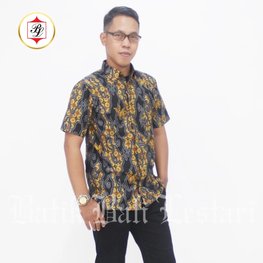 Batik Bali Lestari Kemeja Lengan Pendek Katun Dobby Hitam - 273