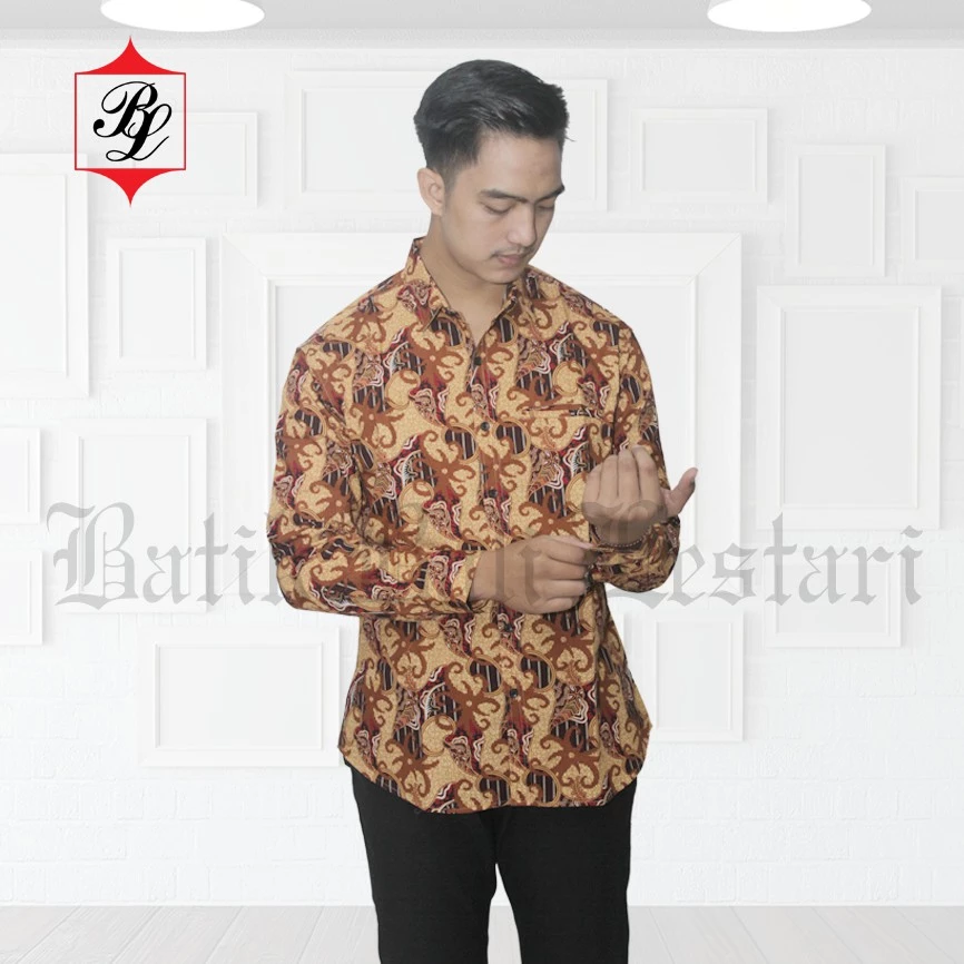 Batik Bali Lestari Kemeja Slimfit Lengan Panjang Hitam dengan coklat - 199