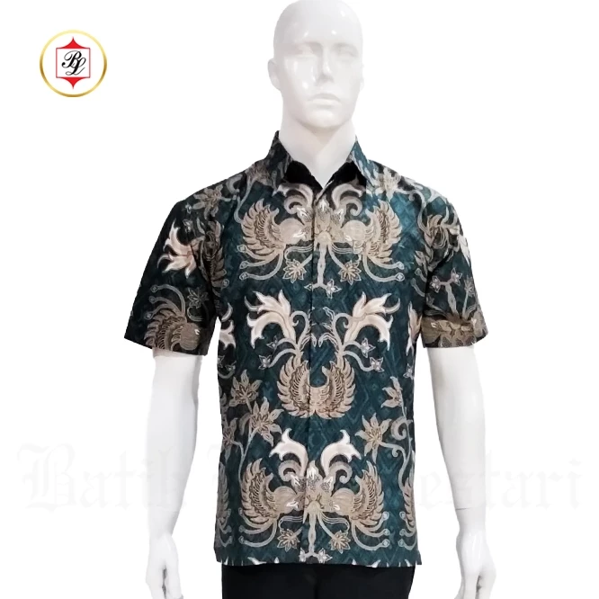 Batik Bali Lestari Batik Pria Lengan Pendek Katun Prada Hijau Tua (HTK)