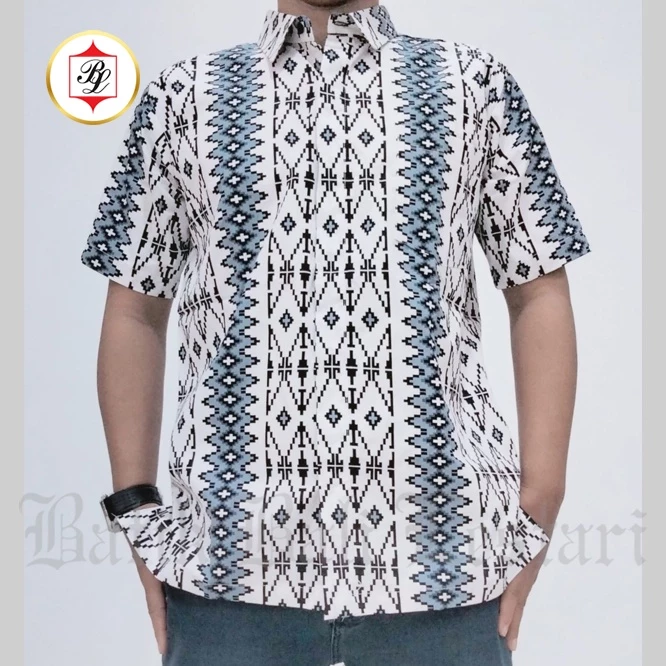 Batik Bali Lestari Kemeja Pria Katun Dobby Lengan Pendek Putih (FU4i)